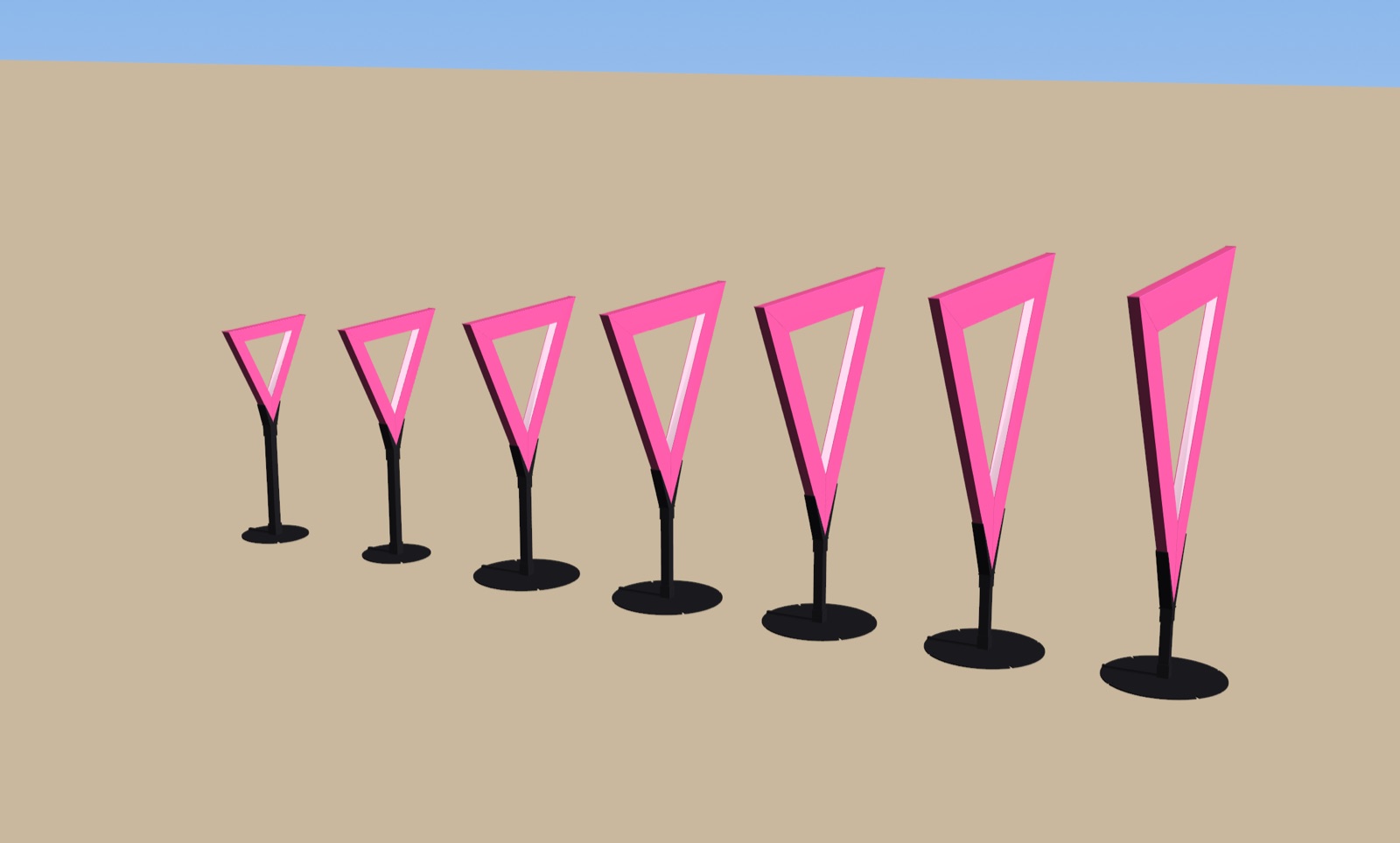 3D model of seven pink triangles, point down, each on a black post and round black base, in a line from smallest to largest on tan ground under a blue sky.