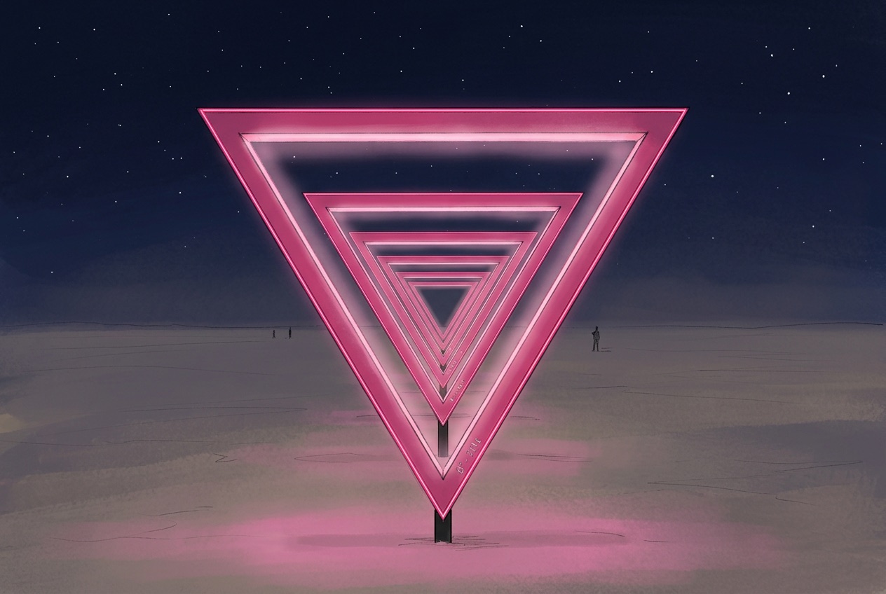 Night rendering: a large glowing pink triangle, point down, standing on the dark playa, with smaller triangles nested inside it and a few people far off.